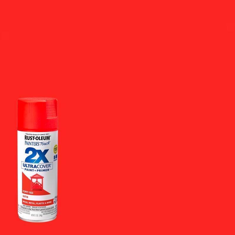 Rust-Oleum 334084 Painter's Touch 2X Ultra Cover Satin Poppy Red Paint+Primer Spray Paint 12 oz