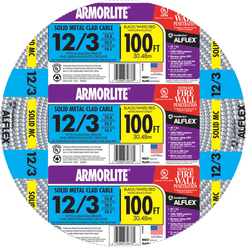 Southwire 68583423 Armorlite 100 ft. 12/3 Solid Aluminum Armored MC Cable
