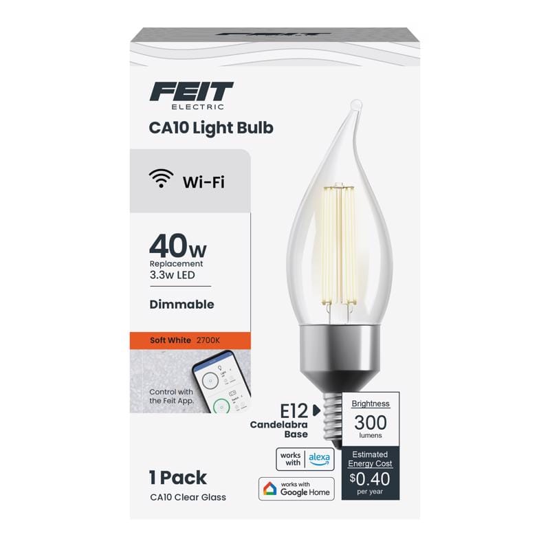 Feit CFC40927CAFILAG Smart Home CA10 (Flame Tip) E12 (Candelabra) Smart-Enabled LED Bulb Soft White 40 Watt Equivale