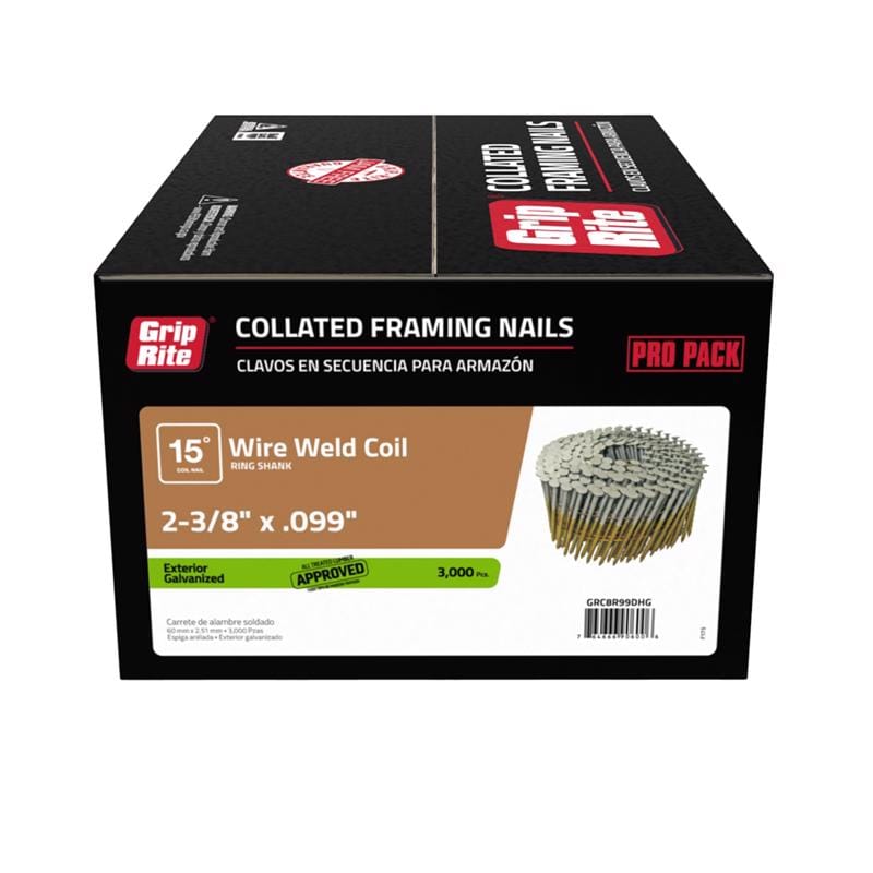 Grip-Rite GRC8R99DHG 2-3/8 in. L X 12 Ga. Angled Coil Hot-Dip Galvanized Framing Nails 15 deg 3000 pk
