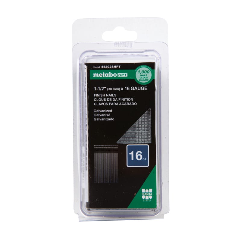 Metabo HPT 44202SHPT 1-1/2 in. L X 16 Ga. Straight Strip Electro Galvanized Finish Nails 1000 pk