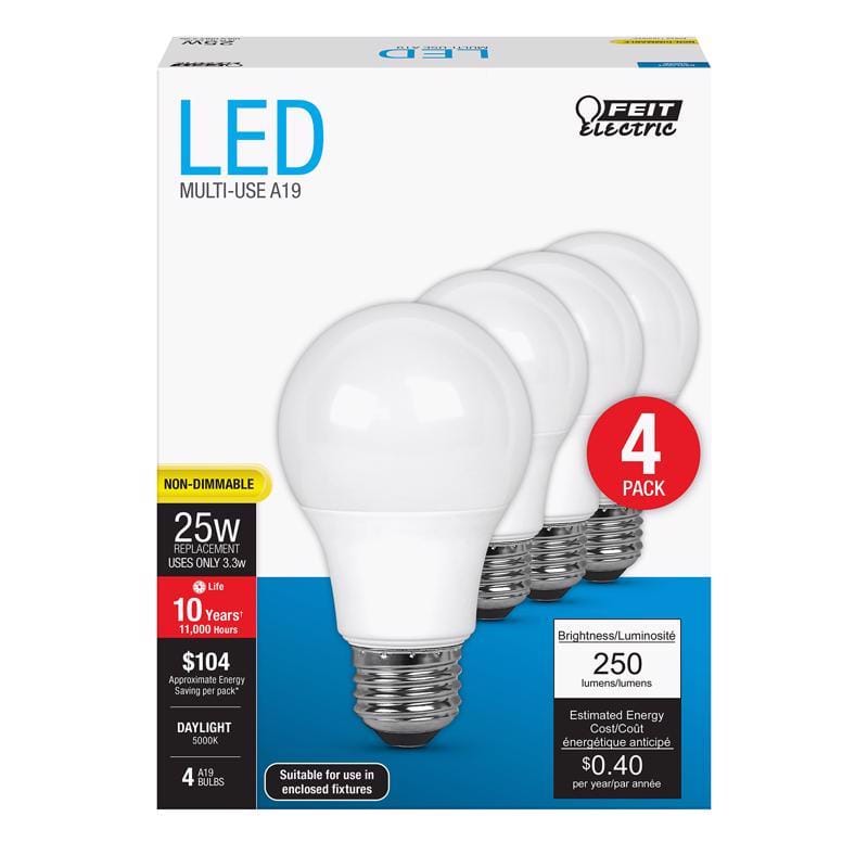 Feit A250/85010KLED4 A19 E26 (Medium) LED Bulb Daylight 25 Watt Equivalence 4 pk