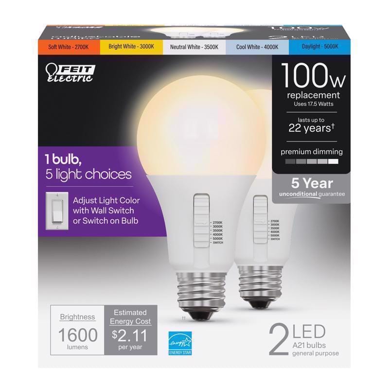 Feit OM100DM/6WYCA/2 A21 E26 (Medium) LED Bulb Adjustable White 100 Watt Equivalence 2 pk