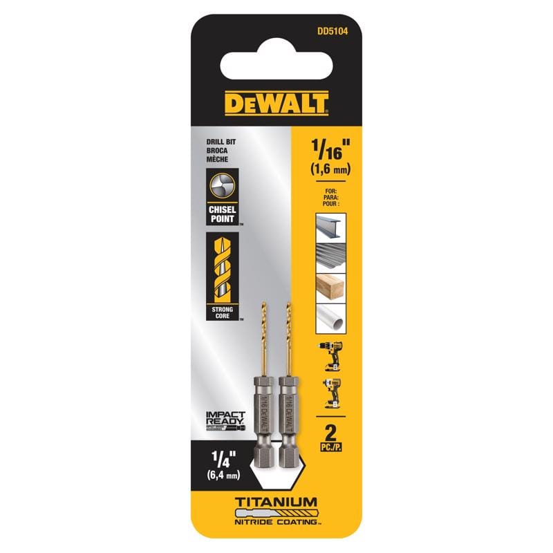 Dewalt DD5104 Impact Ready 1/16 in. X 2-1/4 in. L Titanium Nitride Drill Bit Hex Shank 2 pc