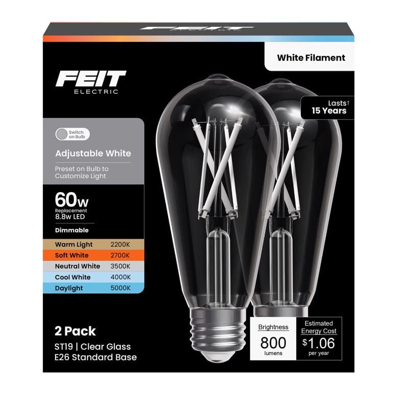 Feit Electric ST19CL5CCTWFIL2 Feit ST19 E26 (Medium) Filament LED Bulb Adjustable White 60 Watt Equivalence 2 pk
