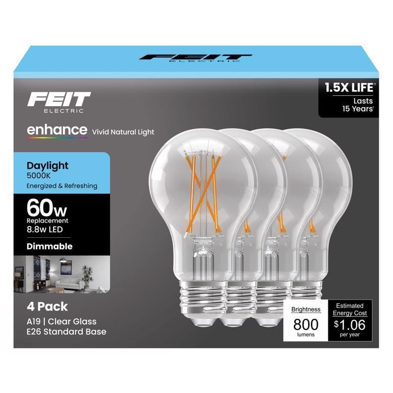 Feit A1960CL950/FIL4 Enhance A19 E26 (Medium) Filament LED Bulb Daylight 60 Watt Equivalence 4 pk