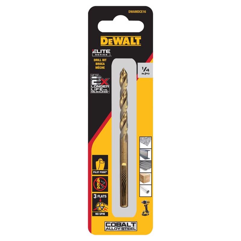 Dewalt DWAMDCE16 ELITE SERIES 1/4 in. X 4 in. L Cobalt Steel Pilot Point Drill Bit Round Shank 1 pc