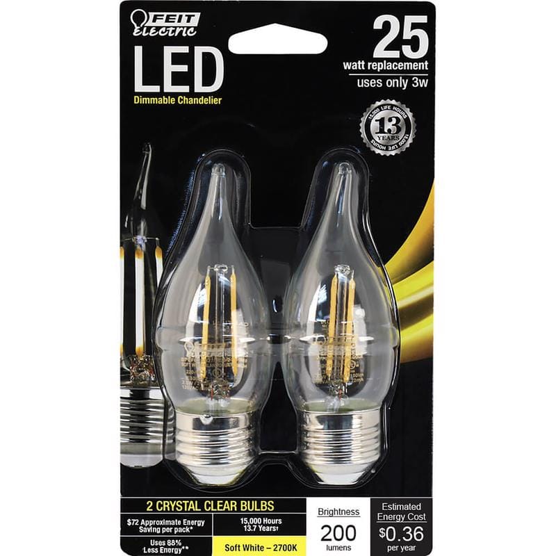 Feit BPEFC25927CAFL2 CA10 (Flame Tip) E26 (Medium) LED Bulb Soft White 25 Watt Equivalence 2 pk