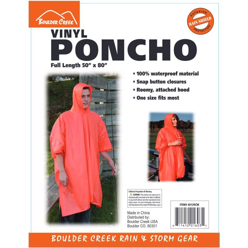 Boulder Creek 60120CM Orange Vinyl Rain Poncho 10 mil