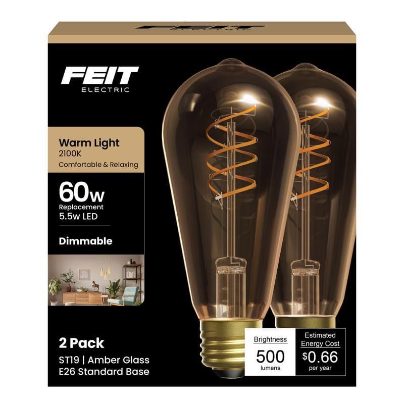 Feit Electric ST19S2821FILVG2 Feit ST19 E26 (Medium) Filament LED Bulb Amber 60 Watt Equivalence 2 pk