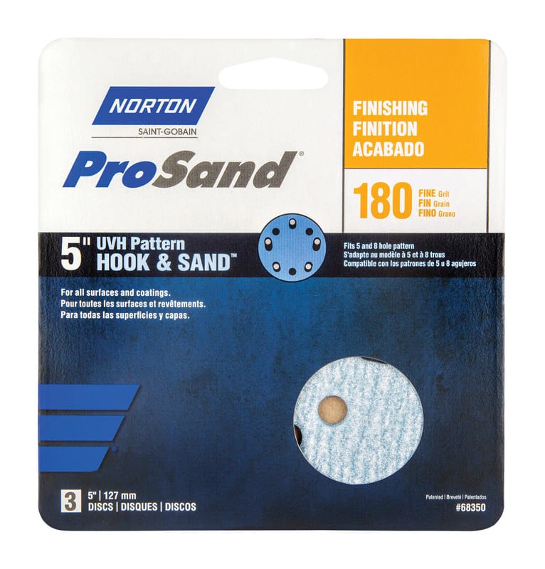 Norton 07660768350 ProSand 5 in. Ceramic Alumina Hook and Loop Sanding Disc 180 Grit Fine 3 pk
