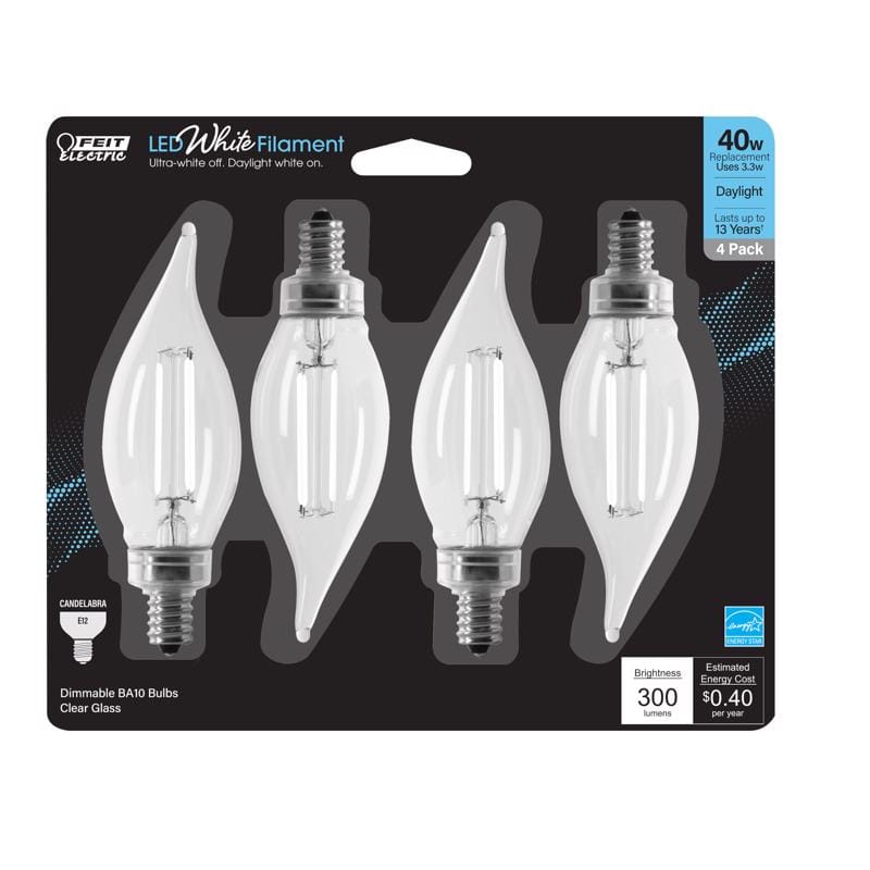 Feit BPCFC40950WFIL4 White BA10 E12 (Candelabra) Filament LED Bulb Daylight 40 Watt Equivalence 4 pk