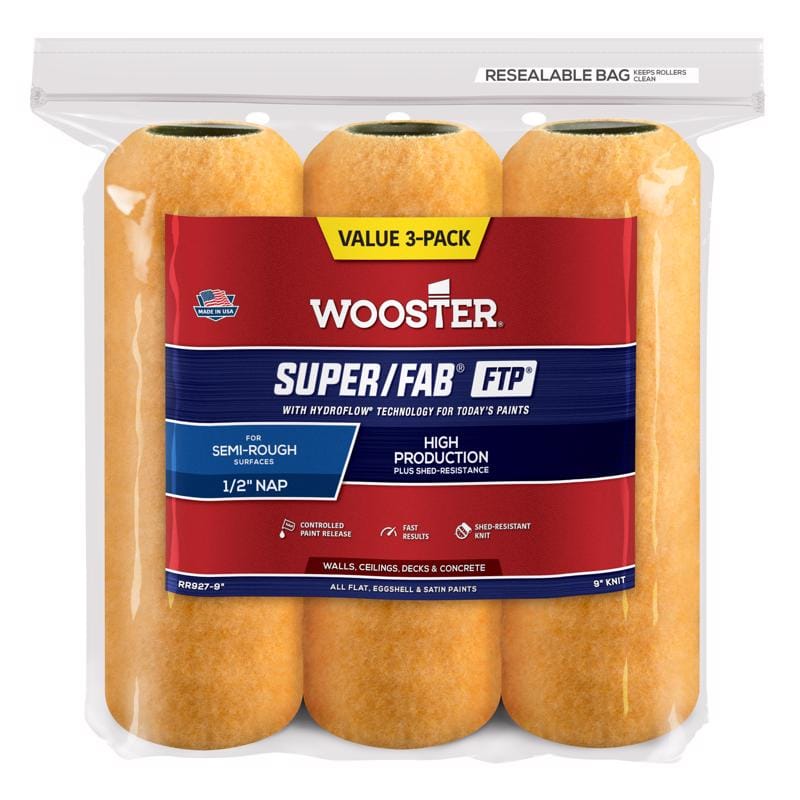 Wooster RR927-9 Super/Fab Synthetic Blend 9 in. W X 1/2 in. Paint Roller Cover 3 pk