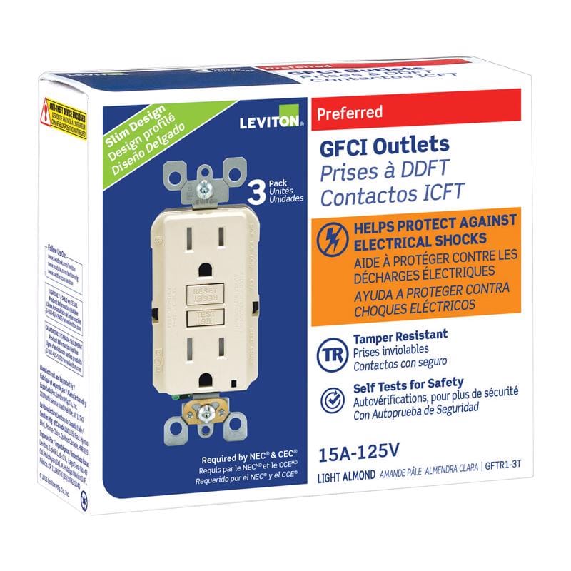Leviton GFTR1-03T SmartlockPro 15 amps 125 V Duplex Light Almond GFCI Outlet 5-15R 3 pk