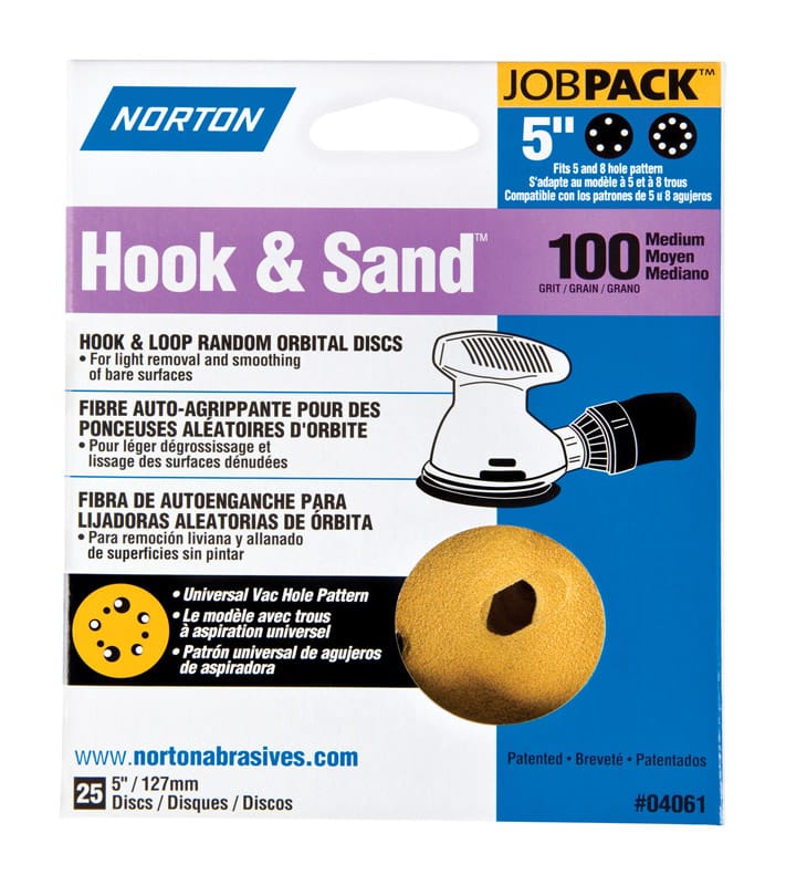 Norton 07660704061 Hook & Sand 5 in. Aluminum Oxide Hook and Loop A290 Sanding Disc 100 Grit Medium 25 pk