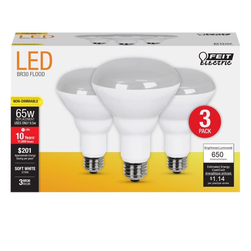 Feit BR30/10KLED/3 BR30 E26 (Medium) LED Bulb Soft White 65 Watt Equivalence 3 pk