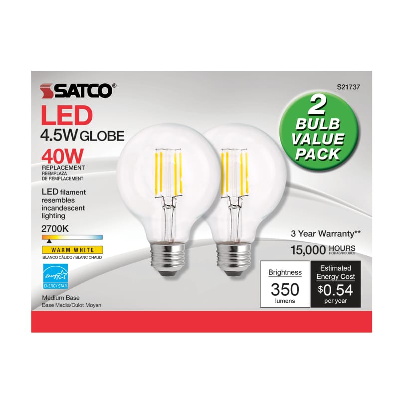 Satco S21242 G25 E26 (Medium) LED Bulb Warm White 40 Watt Equivalence 2 pk