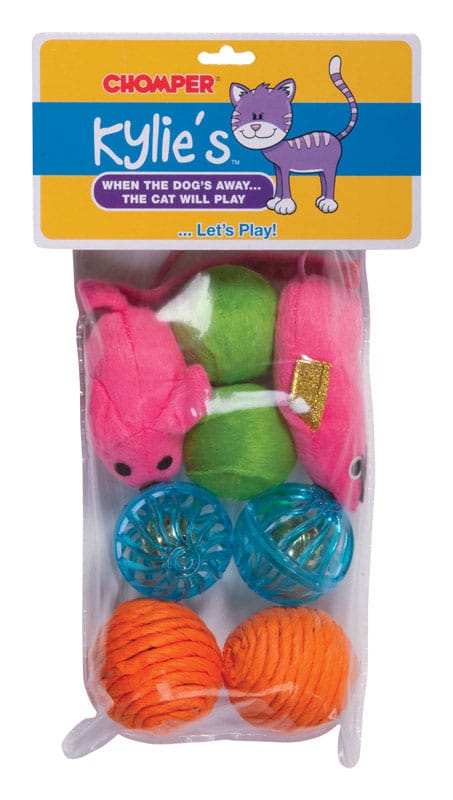 Chomper IDC10064 Kylies Brights For Cat Assorted Plush/Rubber Mouse and Ball Pet Toy Large 8 pc