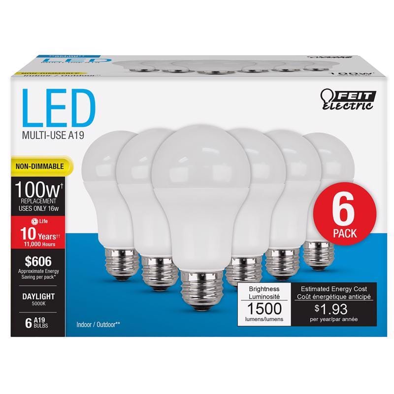 Feit A160085010KLED6 A19 E26 (Medium) LED Bulb Daylight 100 Watt Equivalence 6 pk