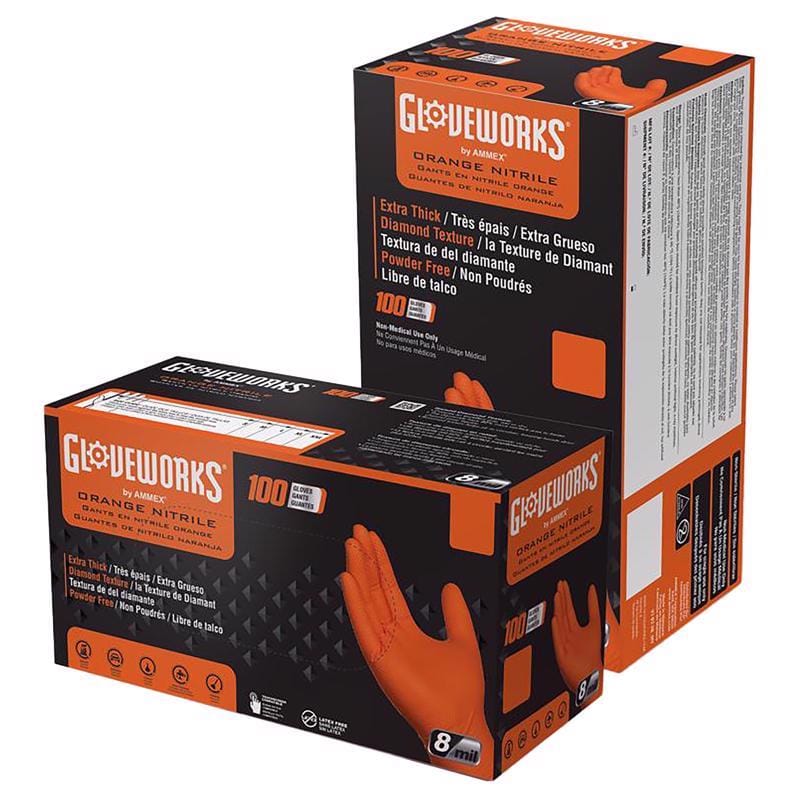 Gloveworks GWON46100 Nitrile Disposable Gloves Large Orange Powder Free 100 pk