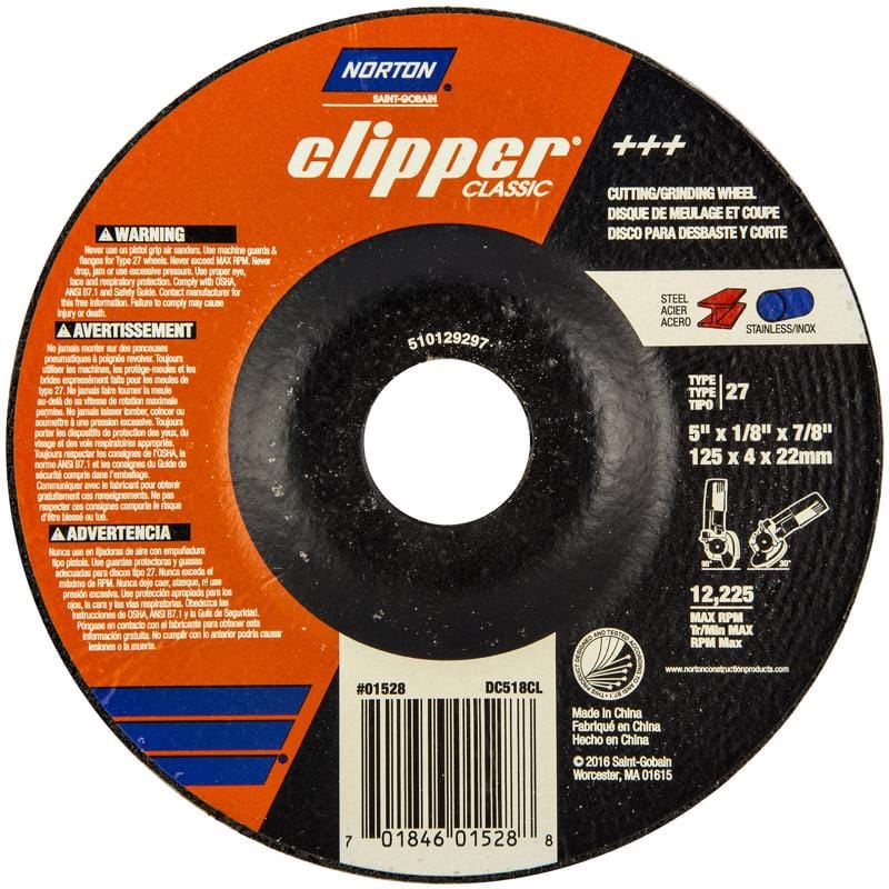 Norton 70184601528 Clipper 5 in. D X 7/8 in. X 1/8 in. thick Classic Grinding Wheel 1 pk