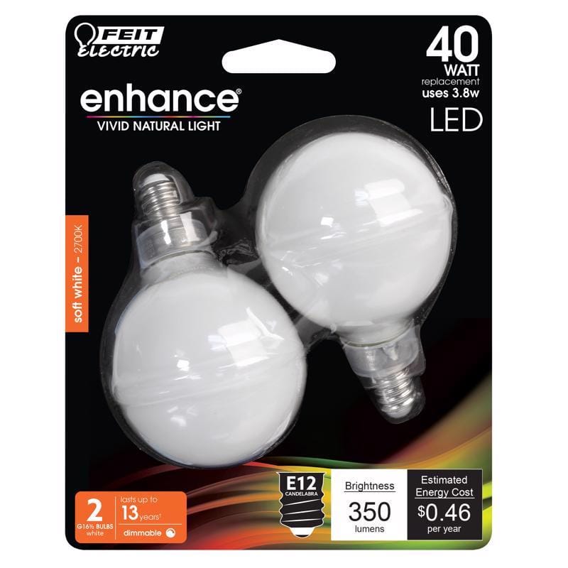 Feit BPG1640W927FIL2 G16.5 E12 (Candelabra) Filament LED Bulb Soft White 40 Watt Equivalence 2 pk