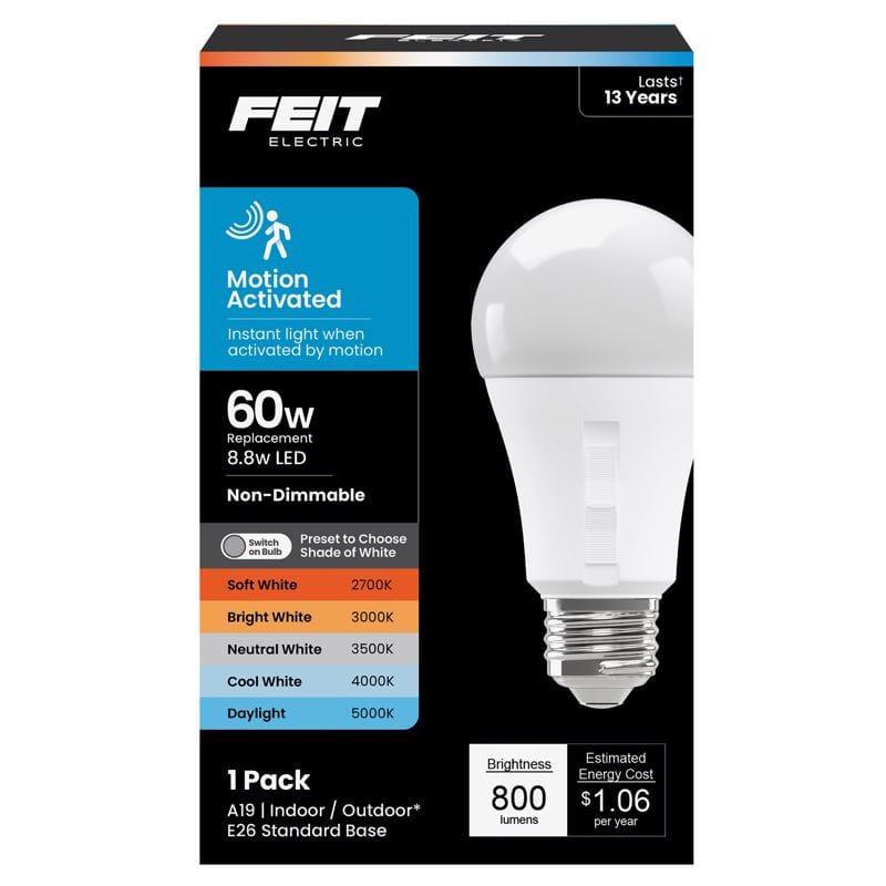 Feit OM605CCTCAMMLED A19 E26 (Medium) LED Motion Activated Bulb Adjustable White 60 Watt Equivalence 1 pk