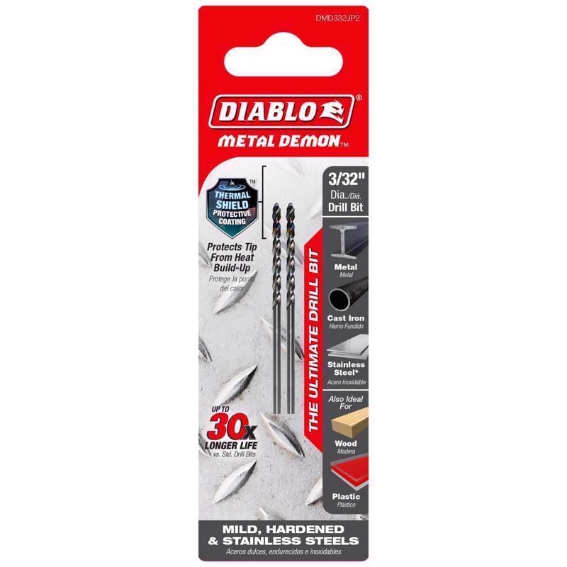 Diablo DMD332JP2 Metal Demon 3/32 in. X 2.2 in. L Stainless Steel Drill Bit 3-Flat Shank 2 pc