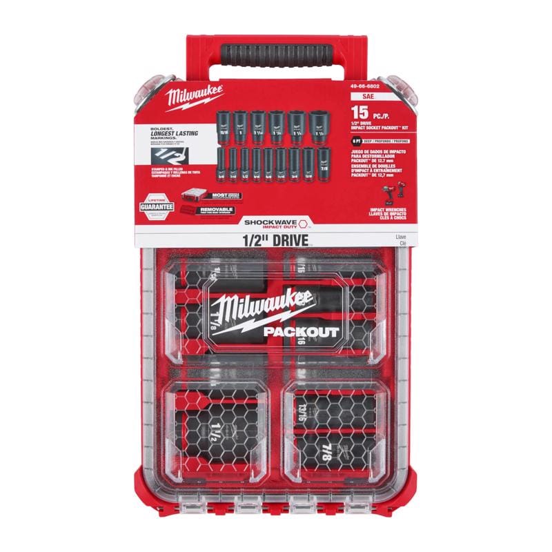 Milwaukee 49-66-6802 Shockwave 1/2 in. drive SAE 6 Point Deep Impact Socket Set 15 pc