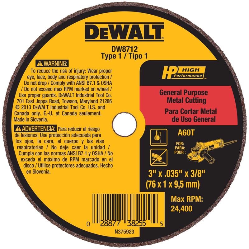 Dewalt DW8712 HP 3 in. D X 3/8 in. X .035 in. thick Aluminum Oxide Abrasive Cut-Off Wheel 1 wheel