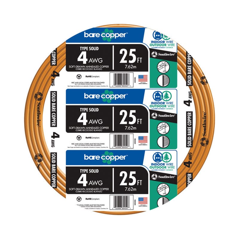 Southwire 10644325 25 ft. 4 Solid Bare Copper Building Wire