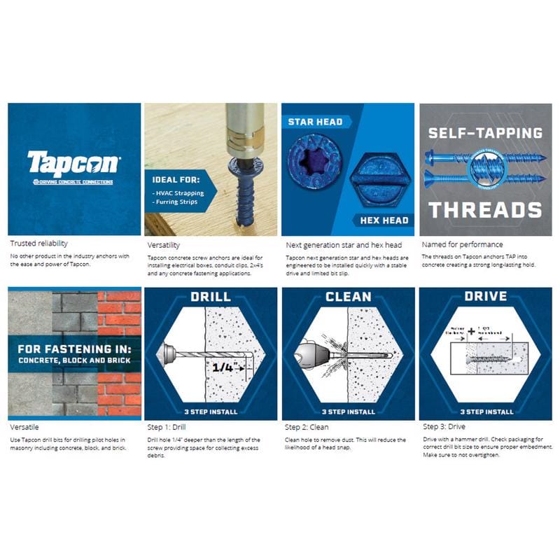 Tapcon 28375 1/4 in. in. X 1-3/4 in. L Star Flat Head High/Low Concrete Screws