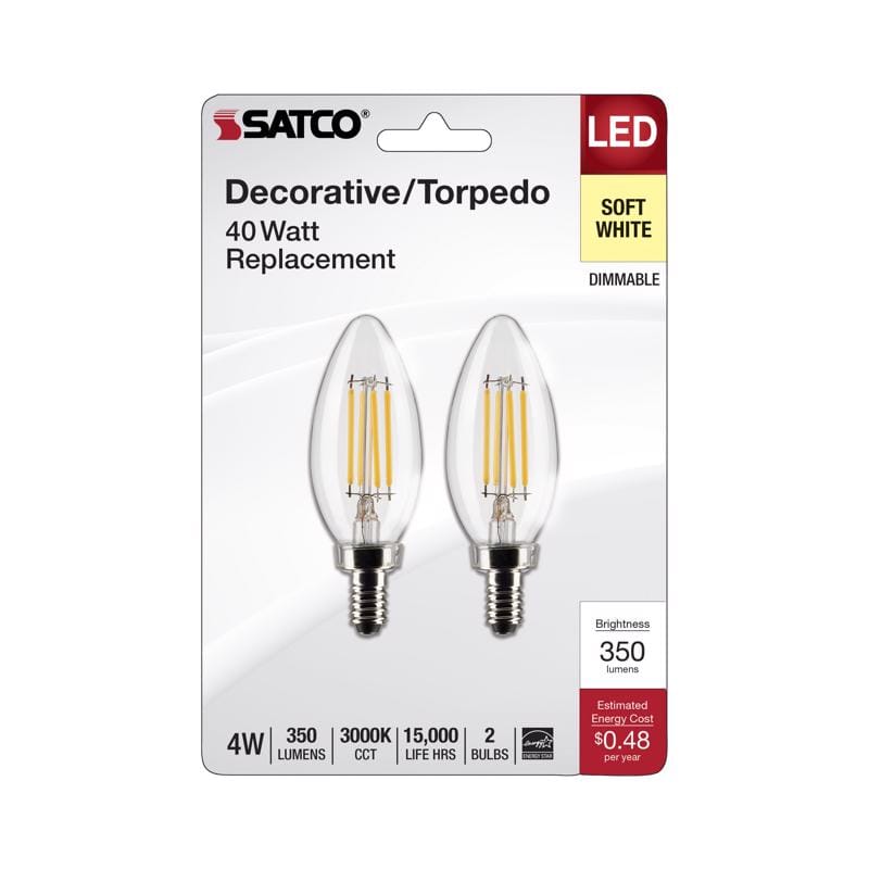 Satco S21820 B11 E12 (Candelabra) Filament LED Bulb Soft White 40 Watt Equivalence 2 pk