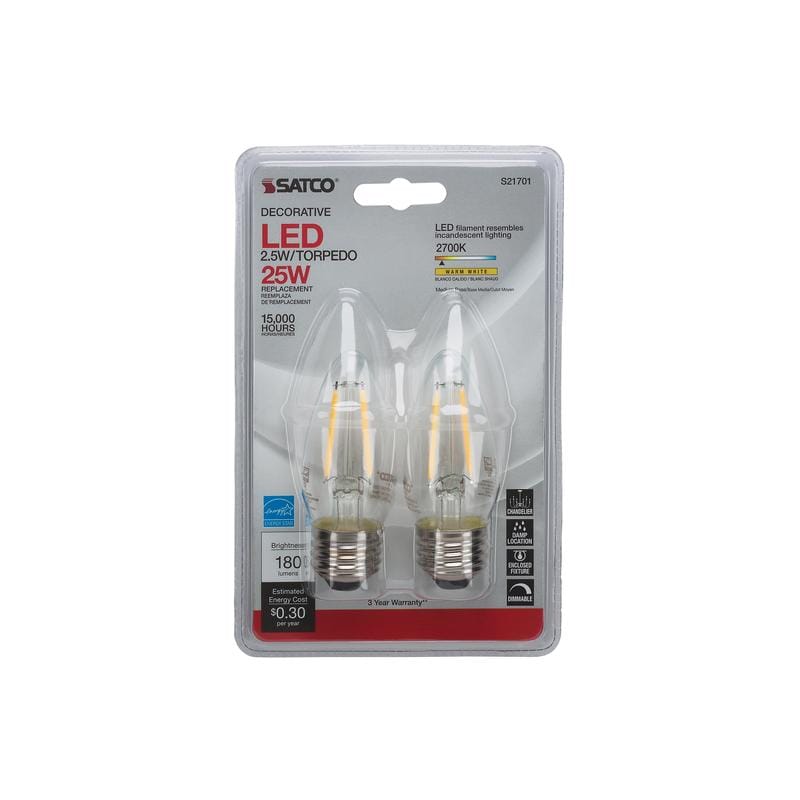 Satco S21832 B11 E26 (Medium) Filament LED Bulb Warm White 25 Watt Equivalence 2 pk