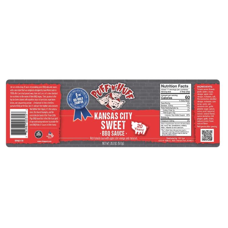 Three Little Pigs OW00315 Puff N Huff KC Sweet BBQ Sauce 20.2 oz