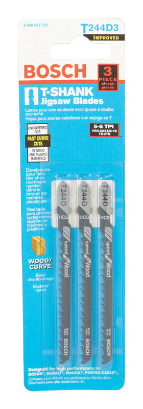 Bosch T244D3 4 in. High Carbon Steel T-Shank Jig Saw Blade 6 TPI 3 pk