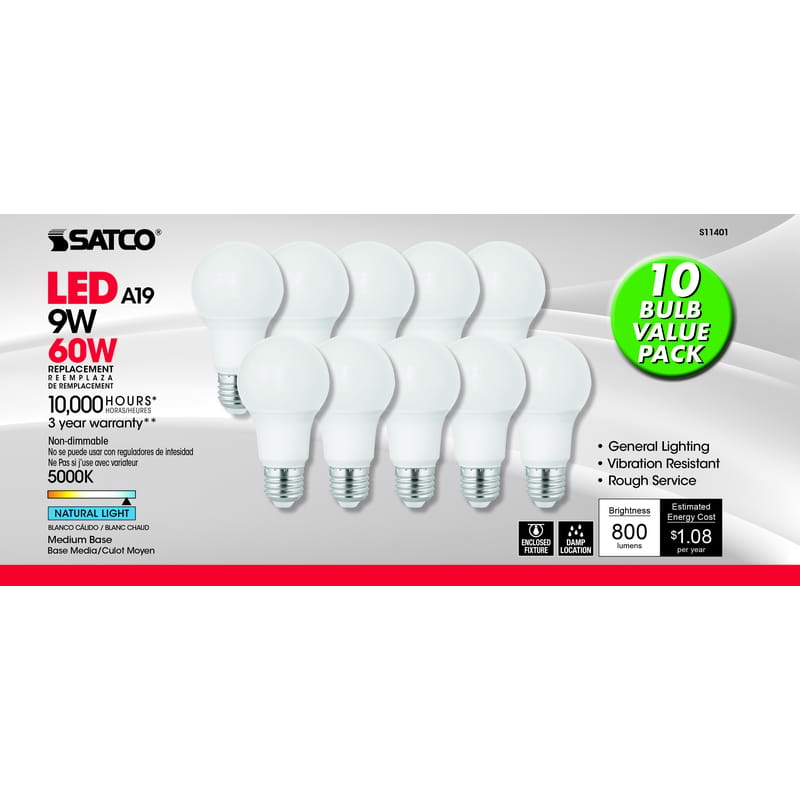 Satco S11401 A19 E26 (Medium) LED Bulb Natural Light 60 Watt Equivalence 10 pk