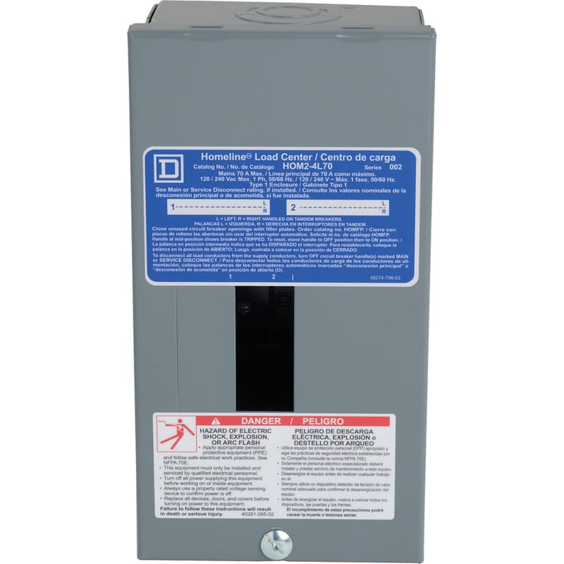 Square D HOM24L70SCP HomeLine 70 amps 120/240 V 2 space 4 circuits Surface Mount Main Lug Load Center