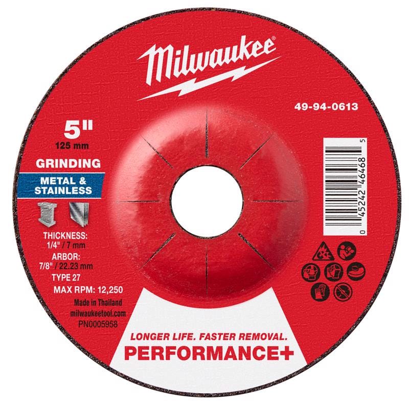Milwaukee Tool 49-94-0613 Milwaukee 5 in. D X 7/8 in. X 1/4 in. thick Metal Grinding Wheel 1 pk