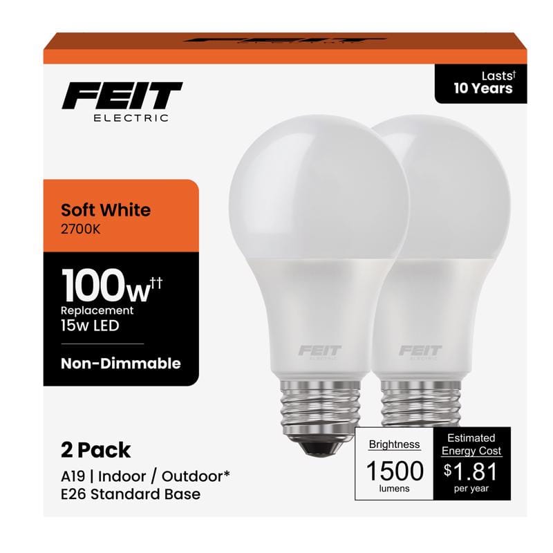 Feit A160082710KLED2 A19 E26 (Medium) LED Bulb Soft White 100 Watt Equivalence 2 pk