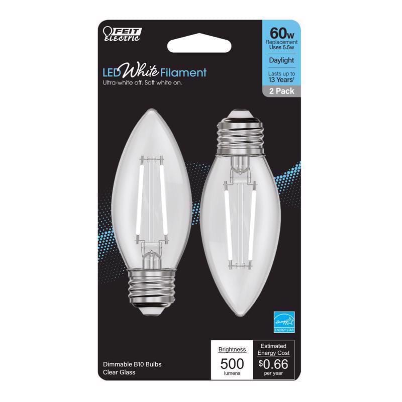 Feit BPETC60950WFIL2 White B10 E26 (Medium) Filament LED Bulb Daylight 60 Watt Equivalence 2 pk