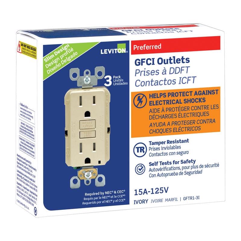 Leviton GFTR1-03I SmartlockPro 15 amps 125 V Duplex Ivory GFCI Outlet 5-15R 3 pk