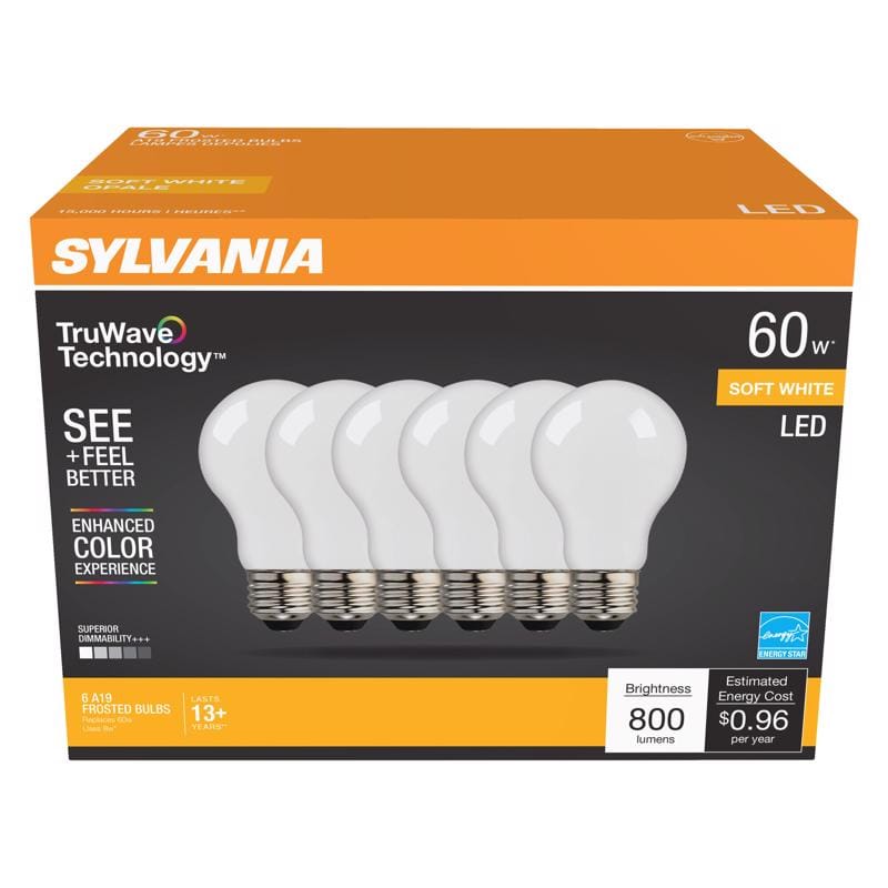 Sylvania 40748 Truwave A19 E26 (Medium) LED Bulb Warm White 60 Watt Equivalence 6 pk