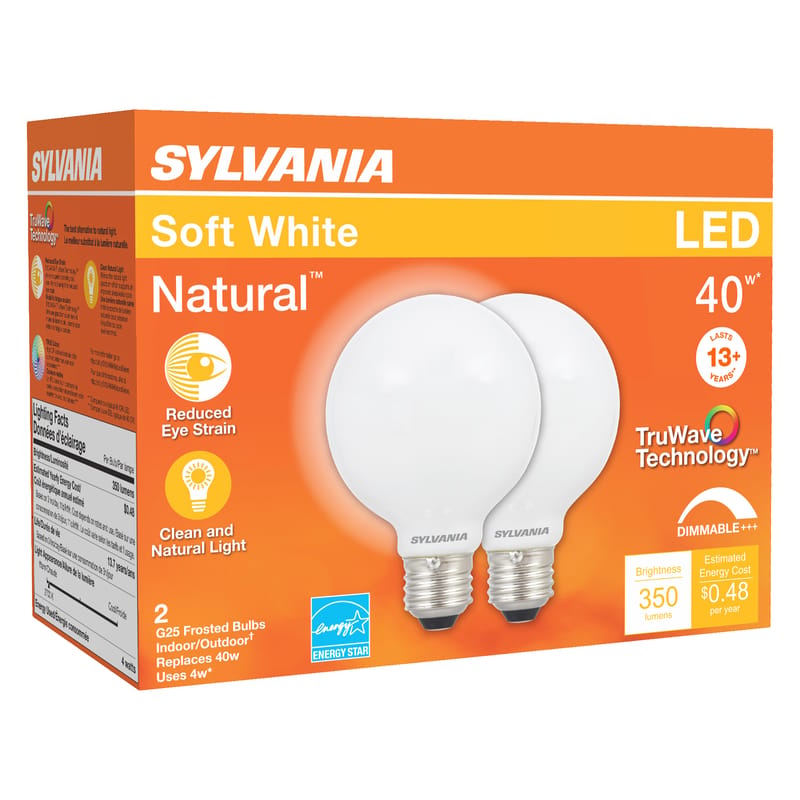 Sylvania 40765 Natural G25 E26 (Medium) LED Bulb Soft White 40 Watt Equivalence 2 pk