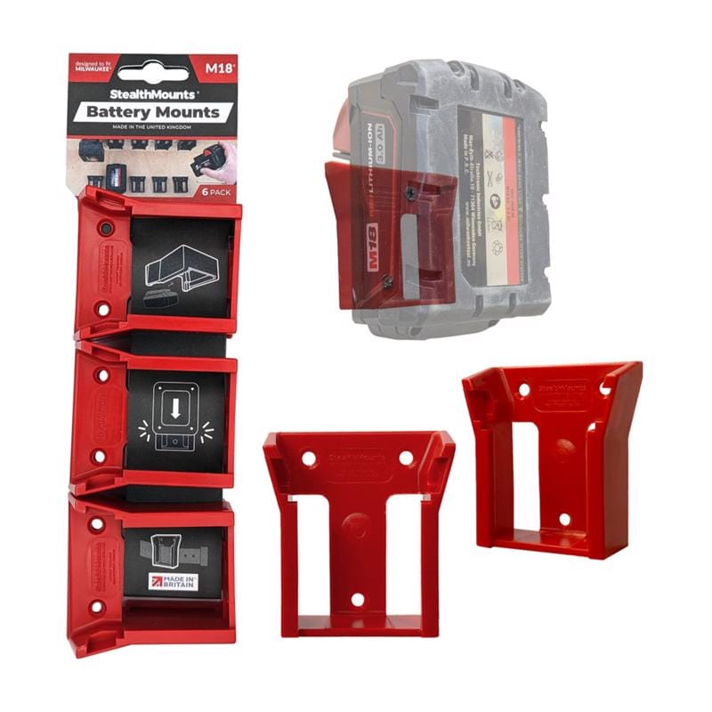 Stealthmounts BM-MW18-RED-6 Battery Mounts Compatible with Milwaukee M18; Red ABS Battery Holder 6 pk