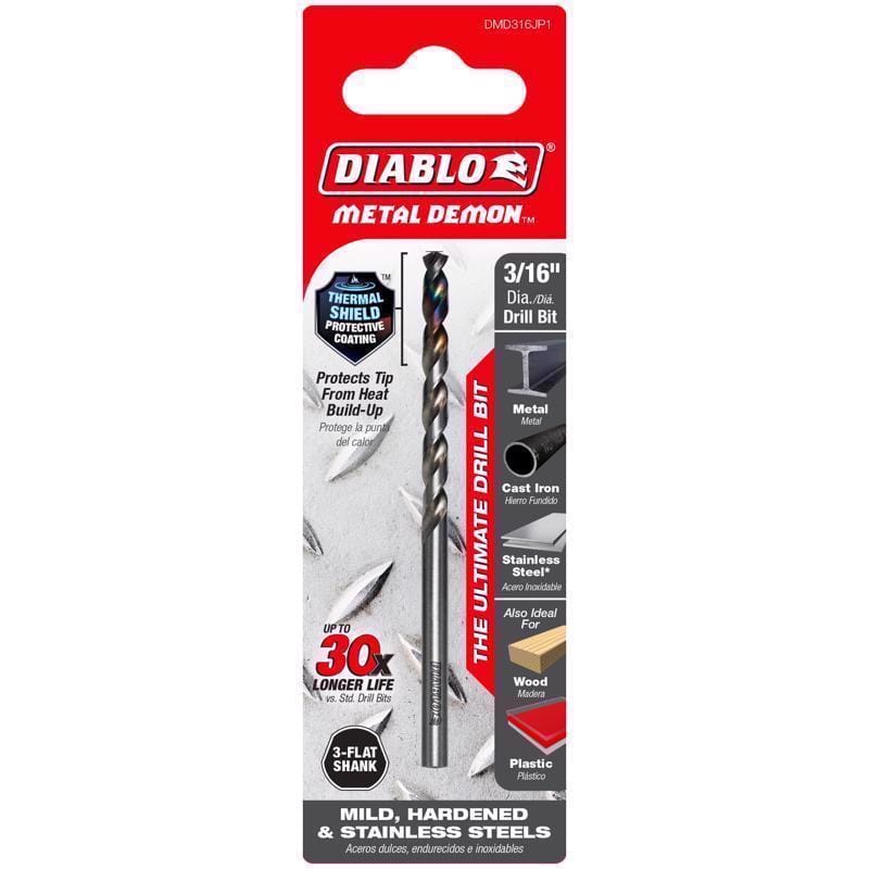 Diablo DMD316JP1 Metal Demon 3/16 in. X 3.4 in. L Metal Drill Bit 3-Flat Shank 1 pc