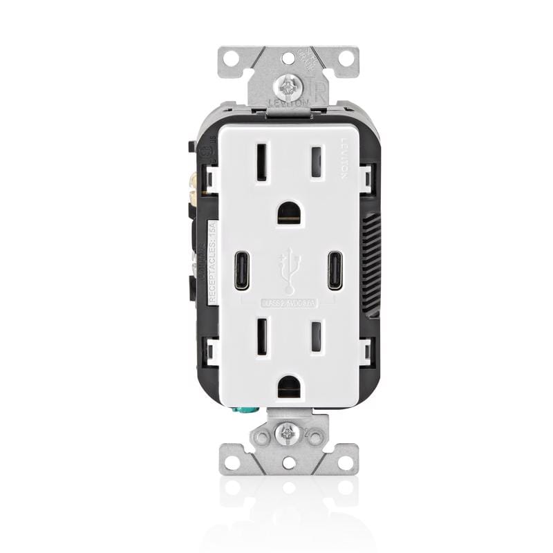 Leviton BCC15-B2W Decora 15 amps 125 V Duplex and Type C White Outlet and USB Charger 5-15R 2 pk