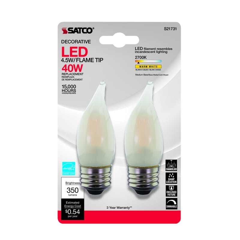 Satco S21731 CA10 (Flame Tip) E26 (Medium) LED Bulb Warm White 40 Watt Equivalence 2 pk