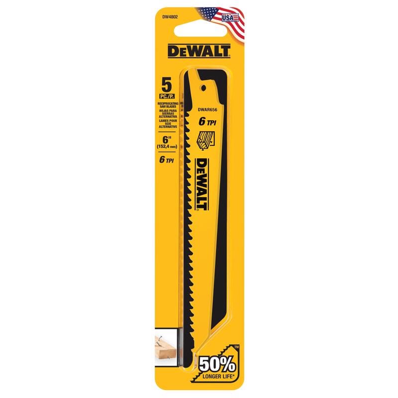 Dewalt DW4802 6 in. Bi-Metal Reciprocating Saw Blade 6 TPI 5 pk