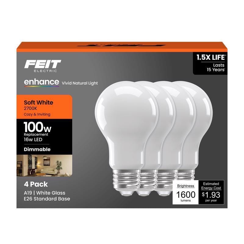 Feit Electric A100/927FIL/4GB Feit A19 E26 (Medium) LED Bulb Soft White 100 Watt Equivalence 4 pk